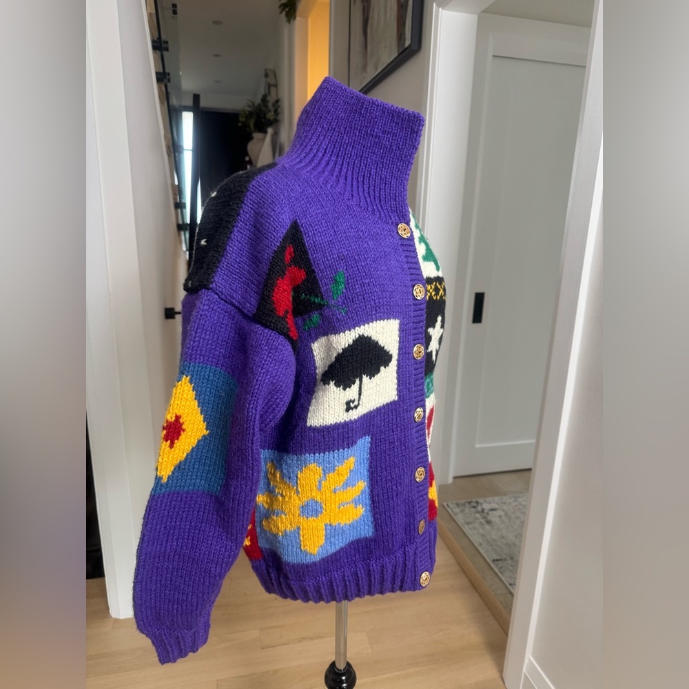 Motif Hand-Knit Wool Patchwork Cardigan  Jacket – Purple – Size M (New) - Picture 3 of 6